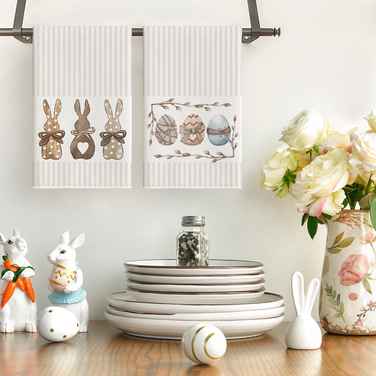 Stripe Rabbit Bunny Eggs Easter Kitchen Towels Dish Towels, 18x26 Inch Spring Decoration Hand Towels Set of 2