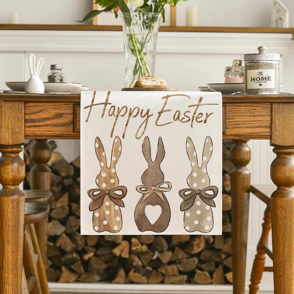 Carrots Rabbit Bunny Happy Easter Table Runner, Spring Summer Seasonal Holiday Kitchen Dining Table Decoration for Indoor Outdoor Home Party Decor 13 x 72 Inch