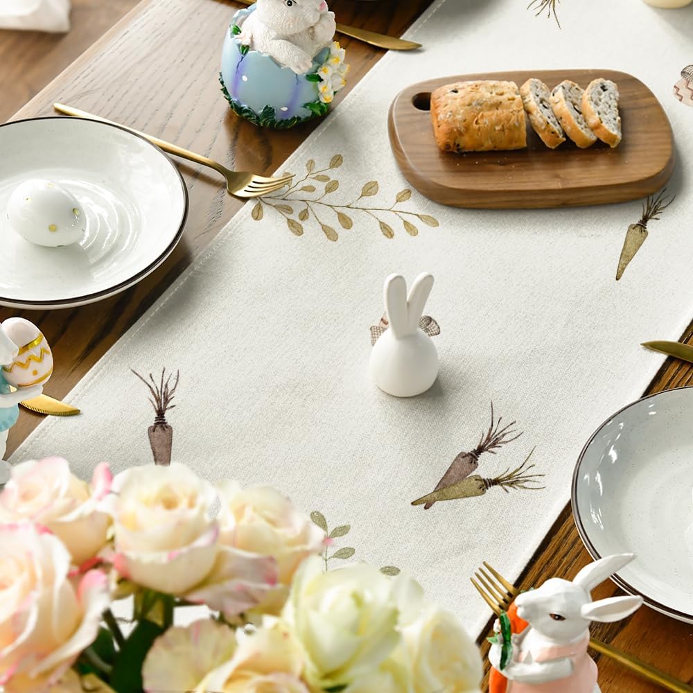 Carrots Rabbit Bunny Happy Easter Table Runner, Spring Summer Seasonal Holiday Kitchen Dining Table Decoration for Indoor Outdoor Home Party Decor 13 x 72 Inch