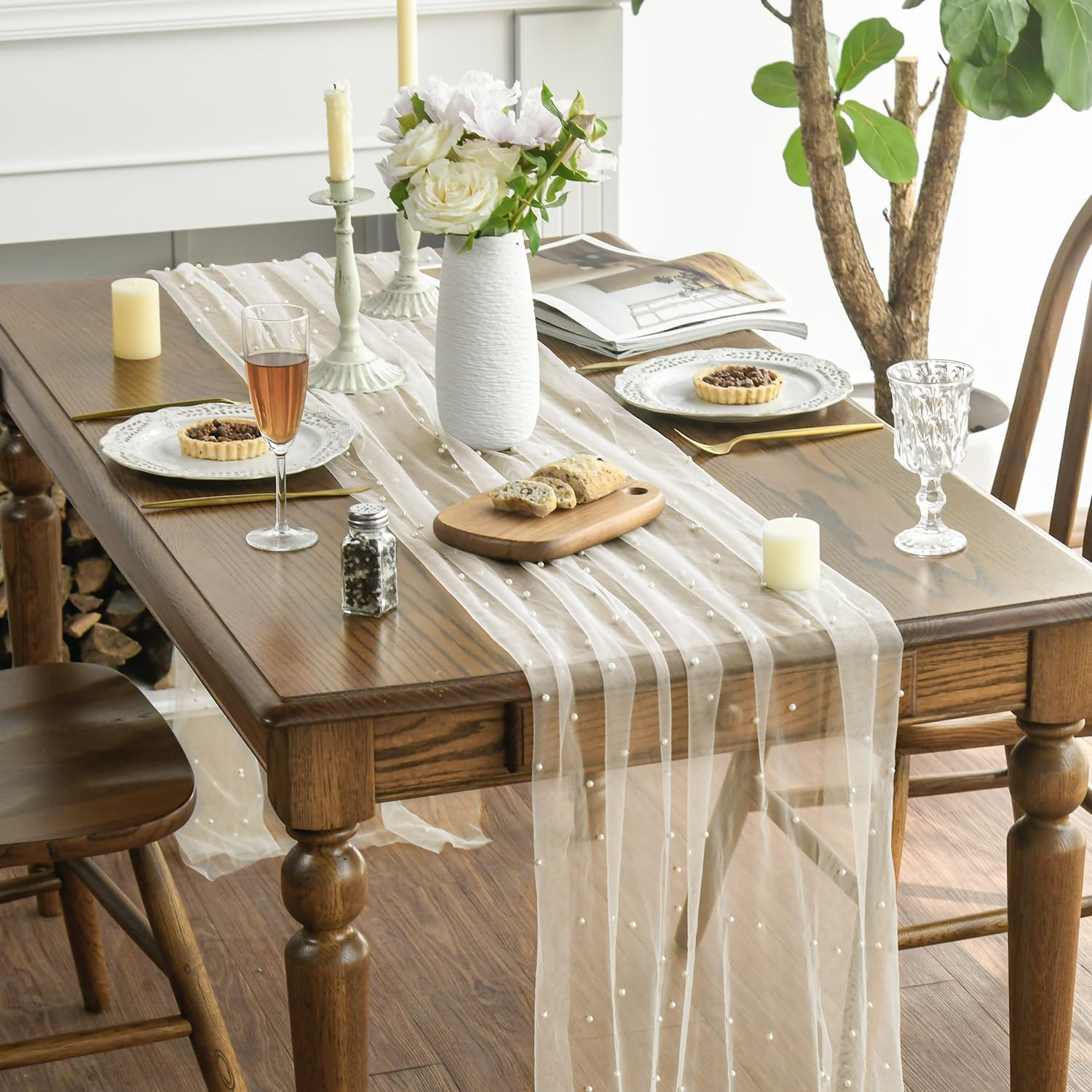Pearl Beige Gauze Table Runner 120 Inch 10FT, Seasonal Sheer Dining Holiday Wedding Birthday Baby Shower Table Decor for Home Party