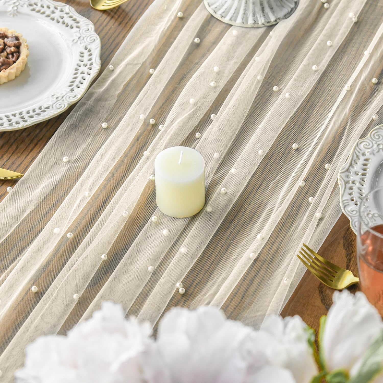 Pearl Beige Gauze Table Runner 120 Inch 10FT, Seasonal Sheer Dining Holiday Wedding Birthday Baby Shower Table Decor for Home Party