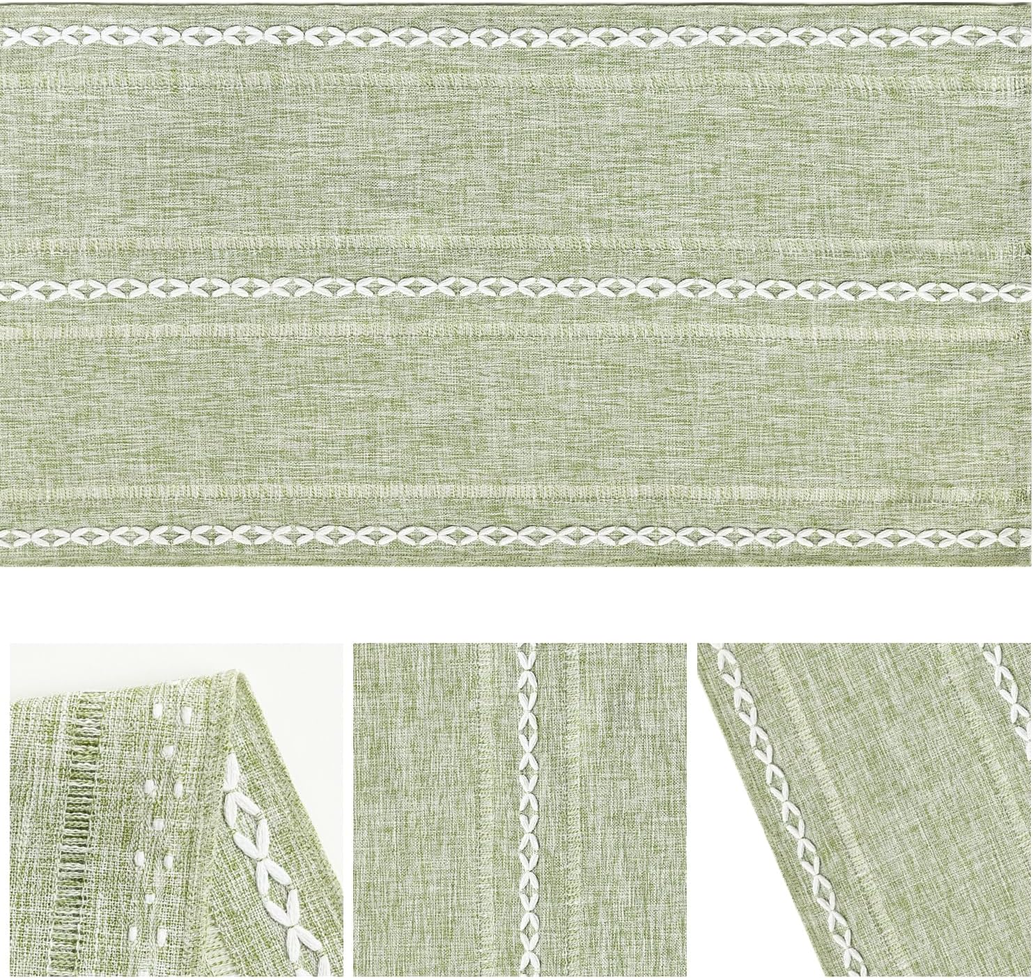 Sage Green Rustic Cotton Linen Table Runner, Seasonal Embroidered Hollow Kitchen Dining Table Decoration for Home Party Decor 13x72 Inch