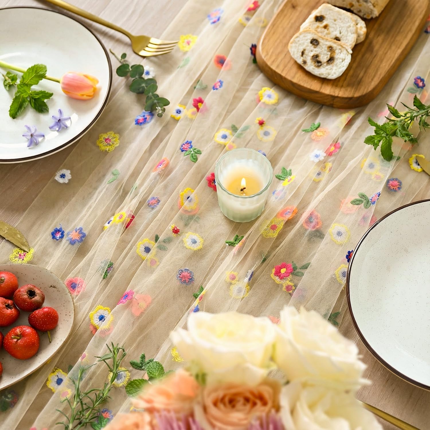 Champagne Embroidery Daisy Gauze Table Runner 120 Inch 10FT, Seasonal Sheer Kitchen Dining Holiday Wedding Birthday Table Decor for Home Party