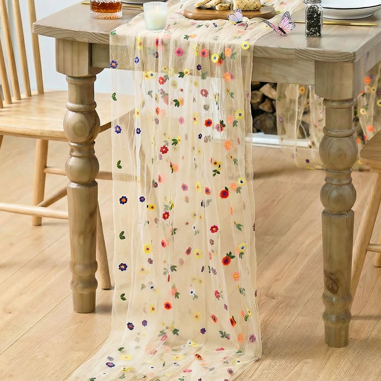 Champagne Embroidery Daisy Gauze Table Runner 120 Inch 10FT, Seasonal Sheer Kitchen Dining Holiday Wedding Birthday Table Decor for Home Party