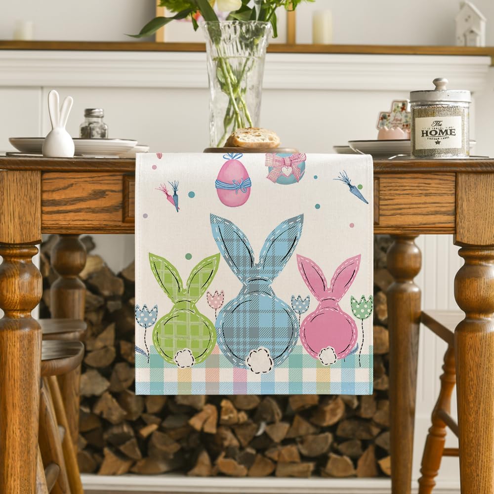 Buffalo Plaid Bunny Egg Carrot Easter Table Runner, Seasonal Spring Kitchen Dining Table Decoration for Home Party Decor 13x72 Inch