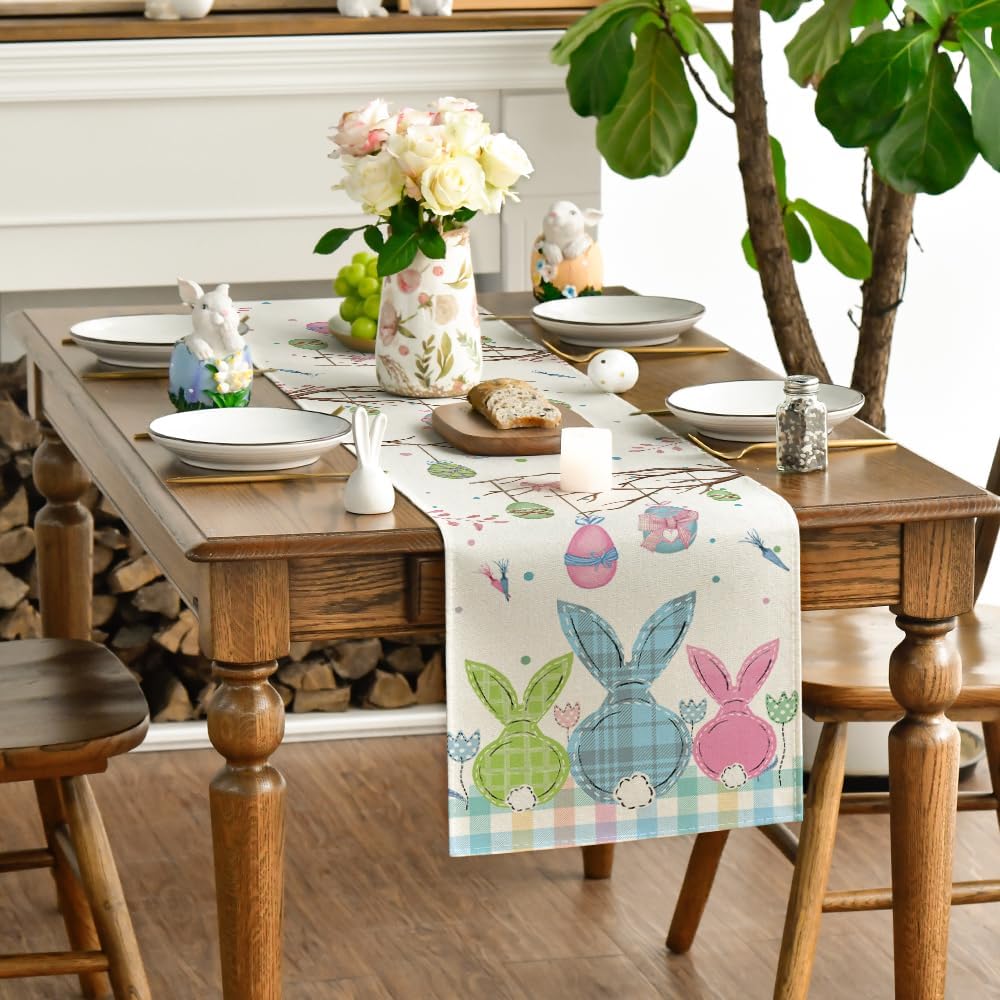 Buffalo Plaid Bunny Egg Carrot Easter Table Runner, Seasonal Spring Kitchen Dining Table Decoration for Home Party Decor 13x72 Inch