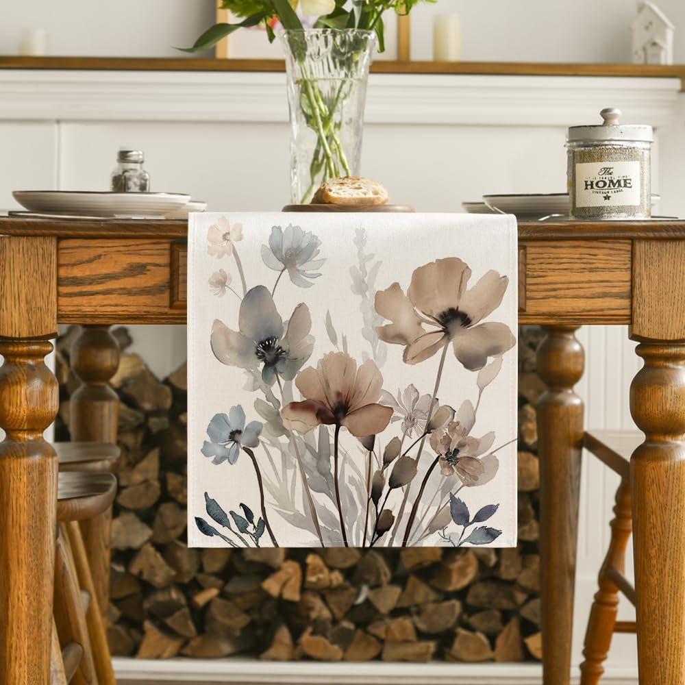 Brown Poppy Floral Leaves Spring Table Runner, Seasonal Summer Kitchen Dining Table Decoration for Home Party Decor 13x72 Inch