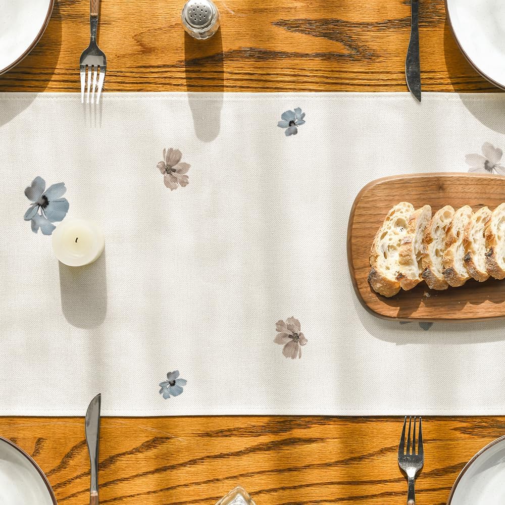 Brown Poppy Floral Leaves Spring Table Runner, Seasonal Summer Kitchen Dining Table Decoration for Home Party Decor 13x72 Inch