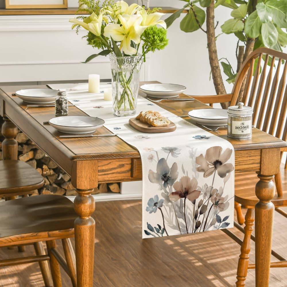 Brown Poppy Floral Leaves Spring Table Runner, Seasonal Summer Kitchen Dining Table Decoration for Home Party Decor 13x72 Inch