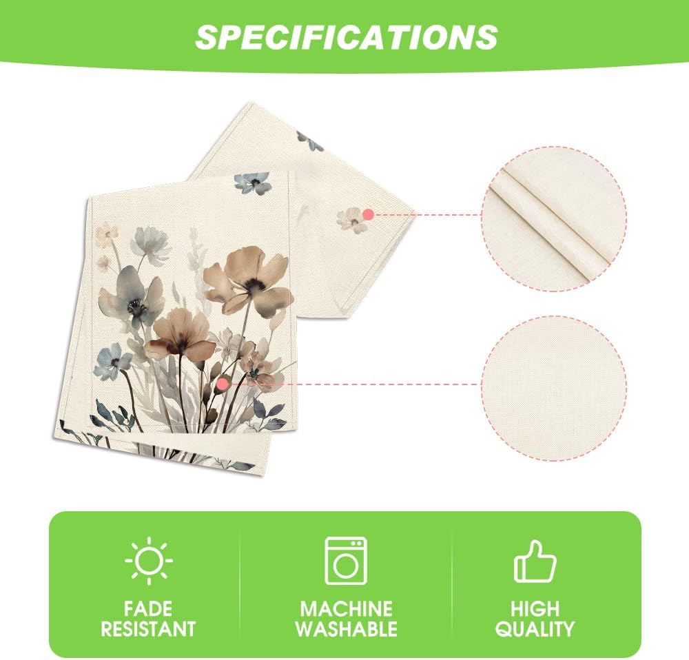 Brown Poppy Floral Leaves Spring Table Runner, Seasonal Summer Kitchen Dining Table Decoration for Home Party Decor 13x72 Inch