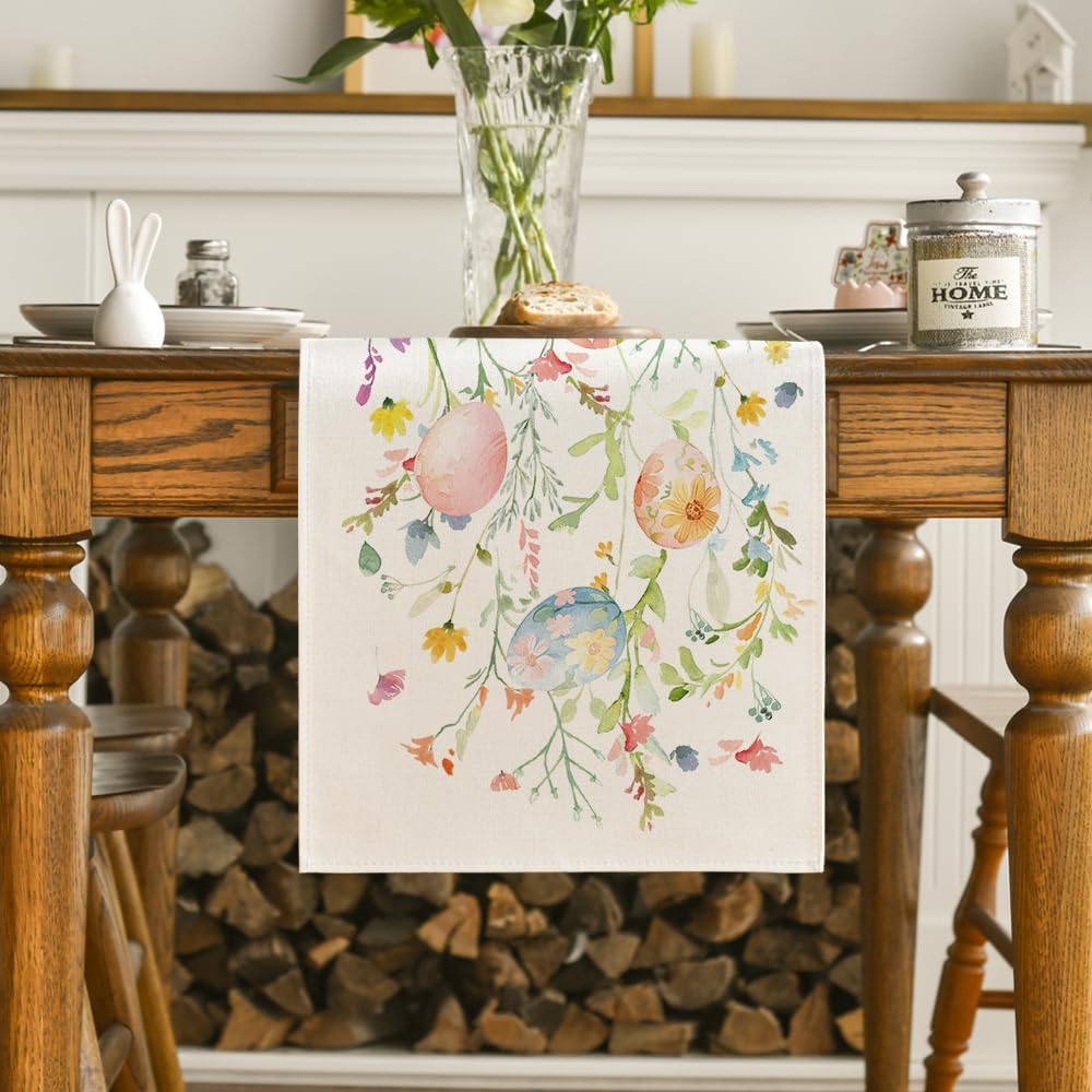 Wild Flowers Eggs Easter Table Runner,Seasonal Spring Floral Kitchen Dining Table Decoration for Home Party Decor 13x72 Inch