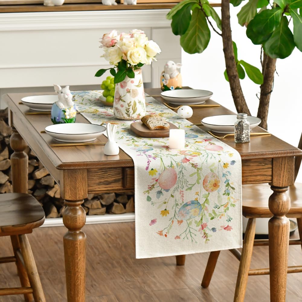 Wild Flowers Eggs Easter Table Runner,Seasonal Spring Floral Kitchen Dining Table Decoration for Home Party Decor 13x72 Inch