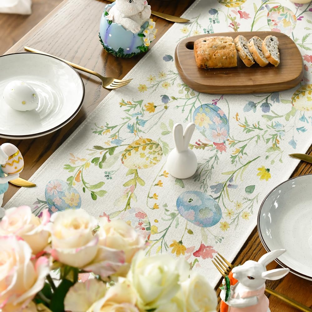 Wild Flowers Eggs Easter Table Runner,Seasonal Spring Floral Kitchen Dining Table Decoration for Home Party Decor 13x72 Inch
