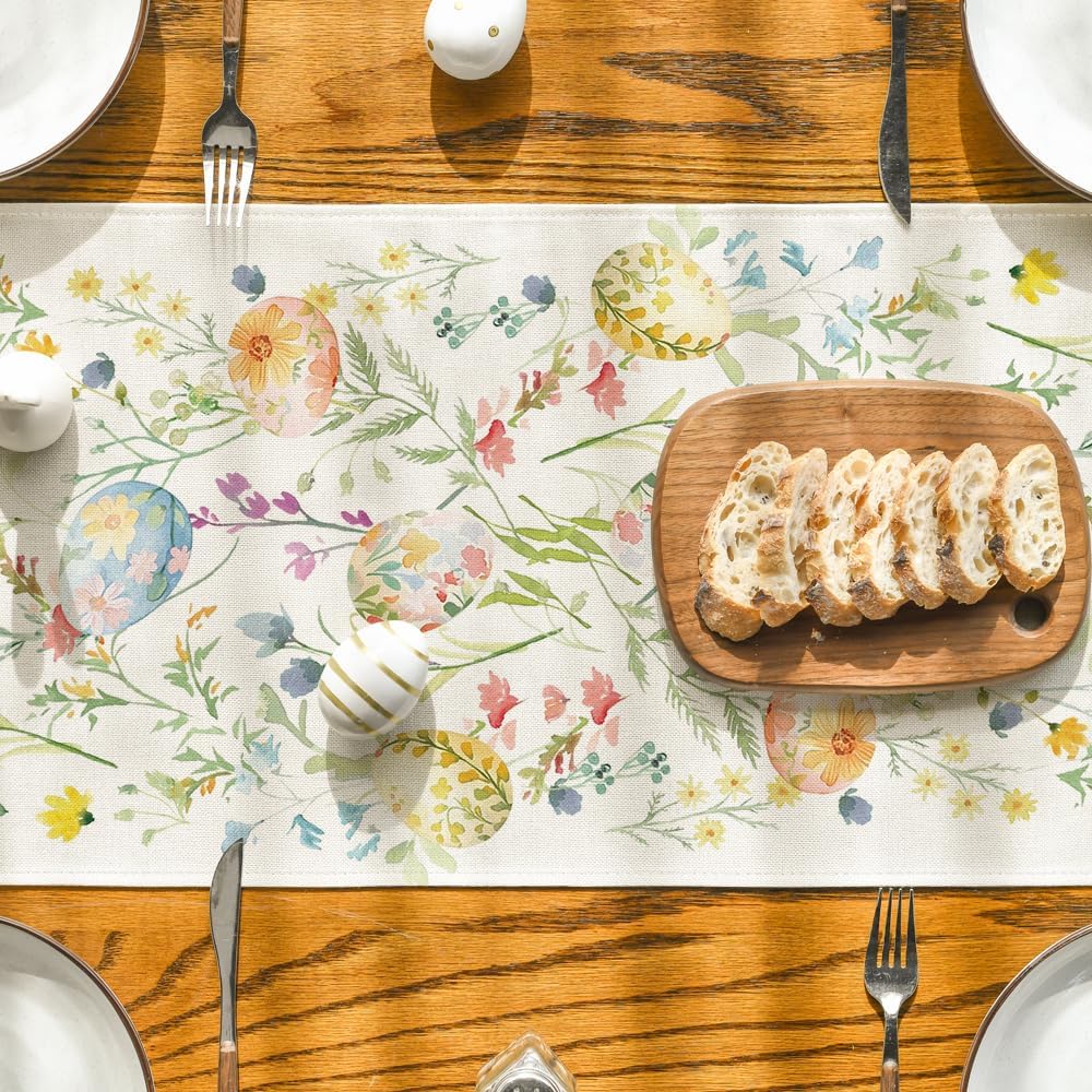 Wild Flowers Eggs Easter Table Runner,Seasonal Spring Floral Kitchen Dining Table Decoration for Home Party Decor 13x72 Inch