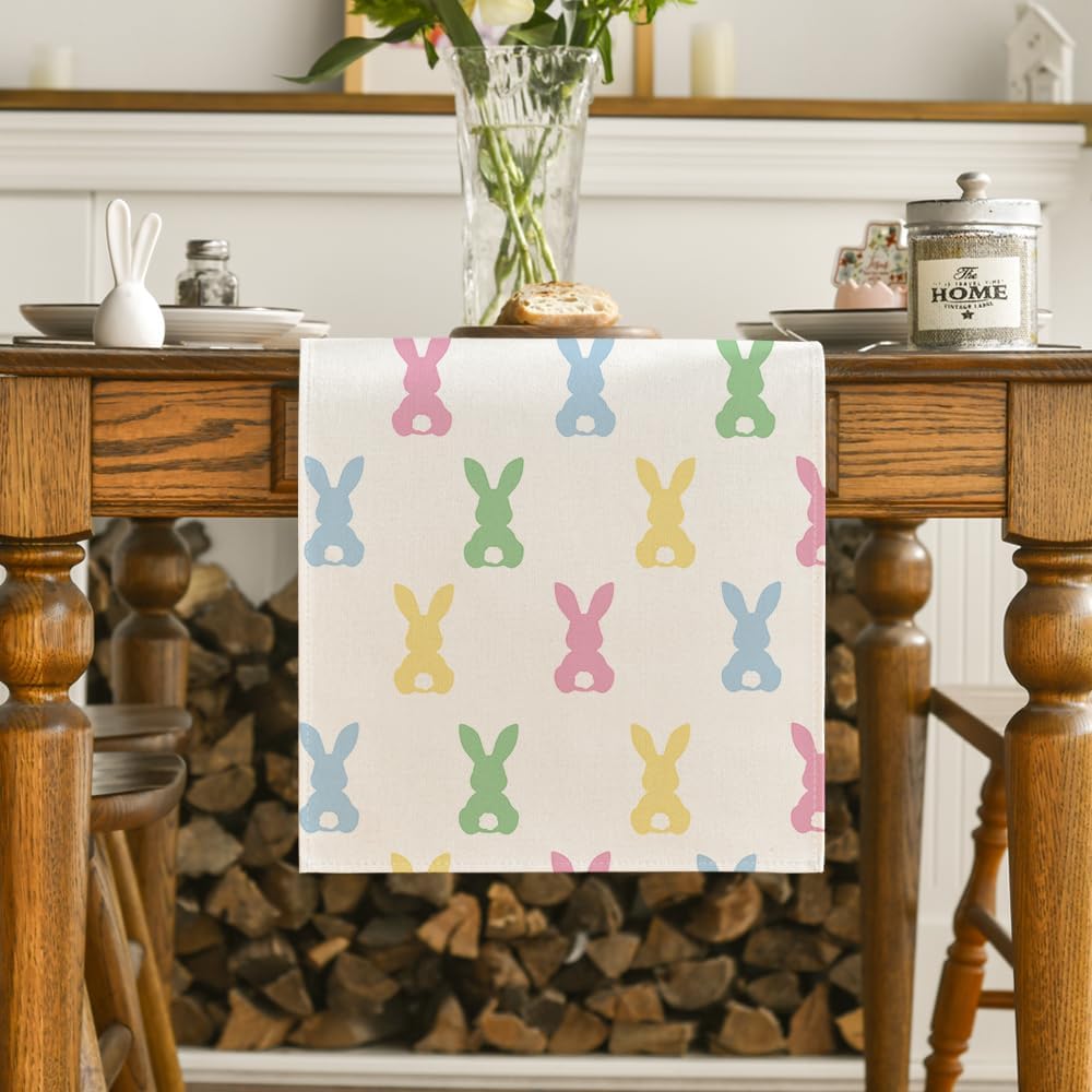 Green Pink Bunny Rabbit Easter Table Runner, Spring Kitchen Dining Table Decoration for Home Party Decor 13x72 Inch