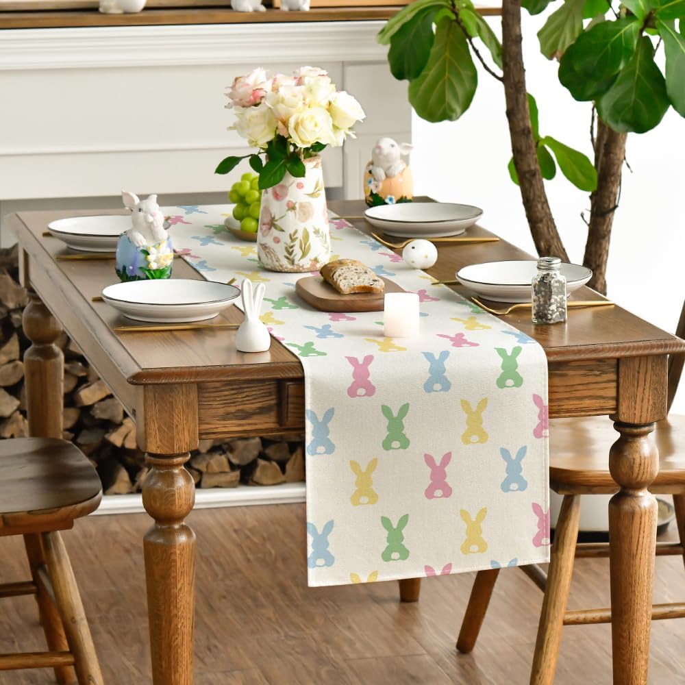 Green Pink Bunny Rabbit Easter Table Runner, Spring Kitchen Dining Table Decoration for Home Party Decor 13x72 Inch