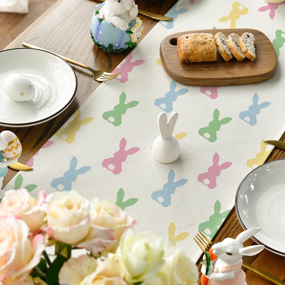 Green Pink Bunny Rabbit Easter Table Runner, Spring Kitchen Dining Table Decoration for Home Party Decor 13x72 Inch