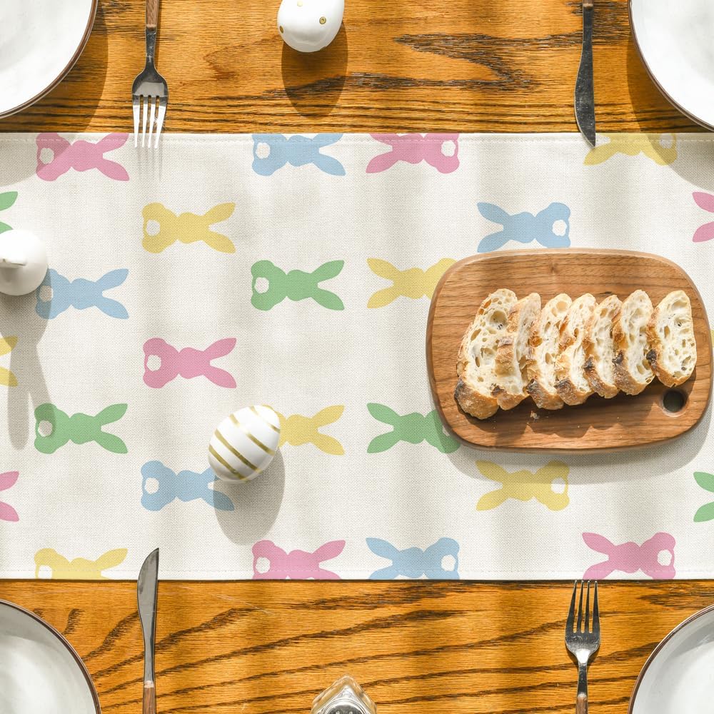 Green Pink Bunny Rabbit Easter Table Runner, Spring Kitchen Dining Table Decoration for Home Party Decor 13x72 Inch