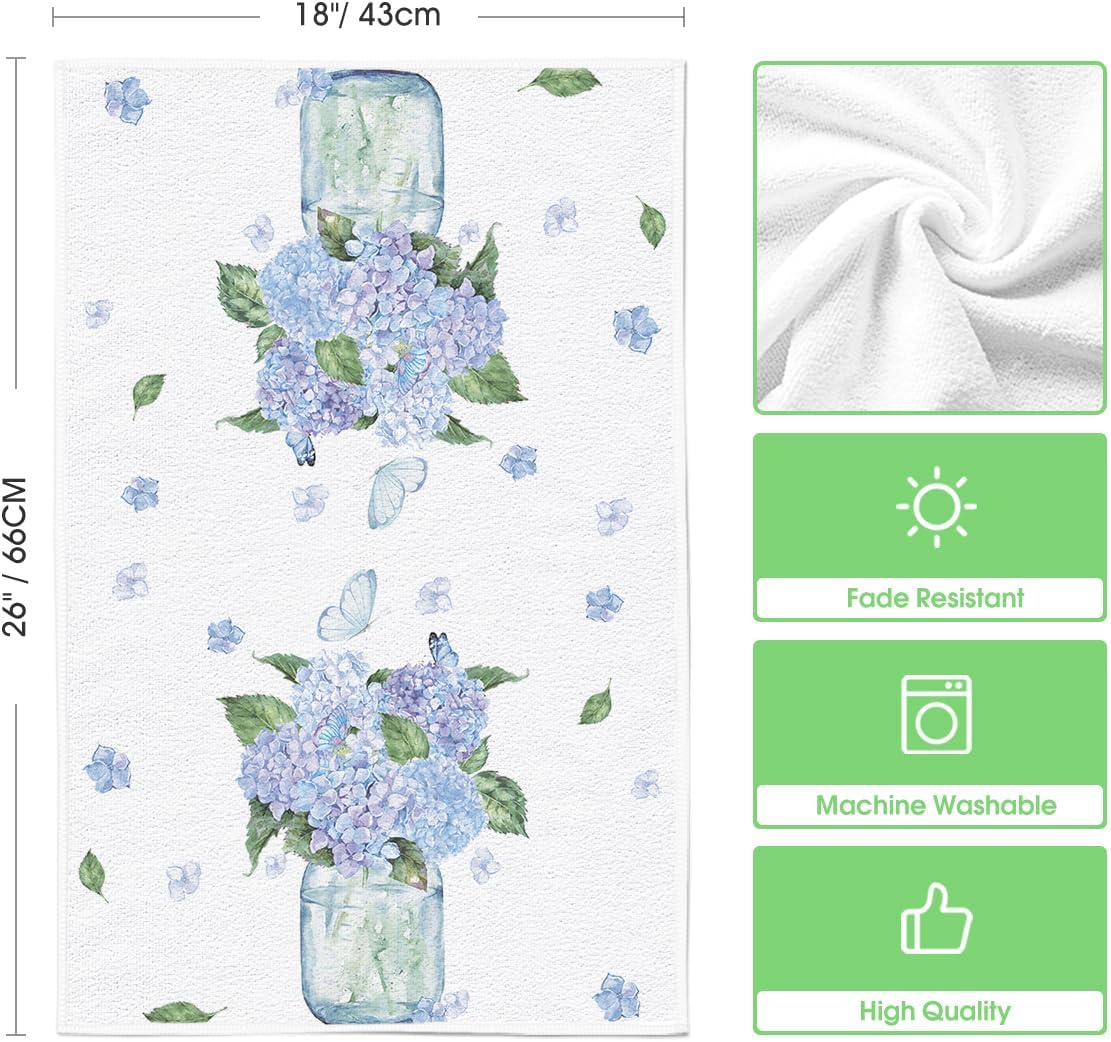 Hydrangea Vase Butterfly Spring Kitchen Towels Dish Towels, 18x26 Inch Summer Flowers Holiday Decoration Hand Towels Set of 2