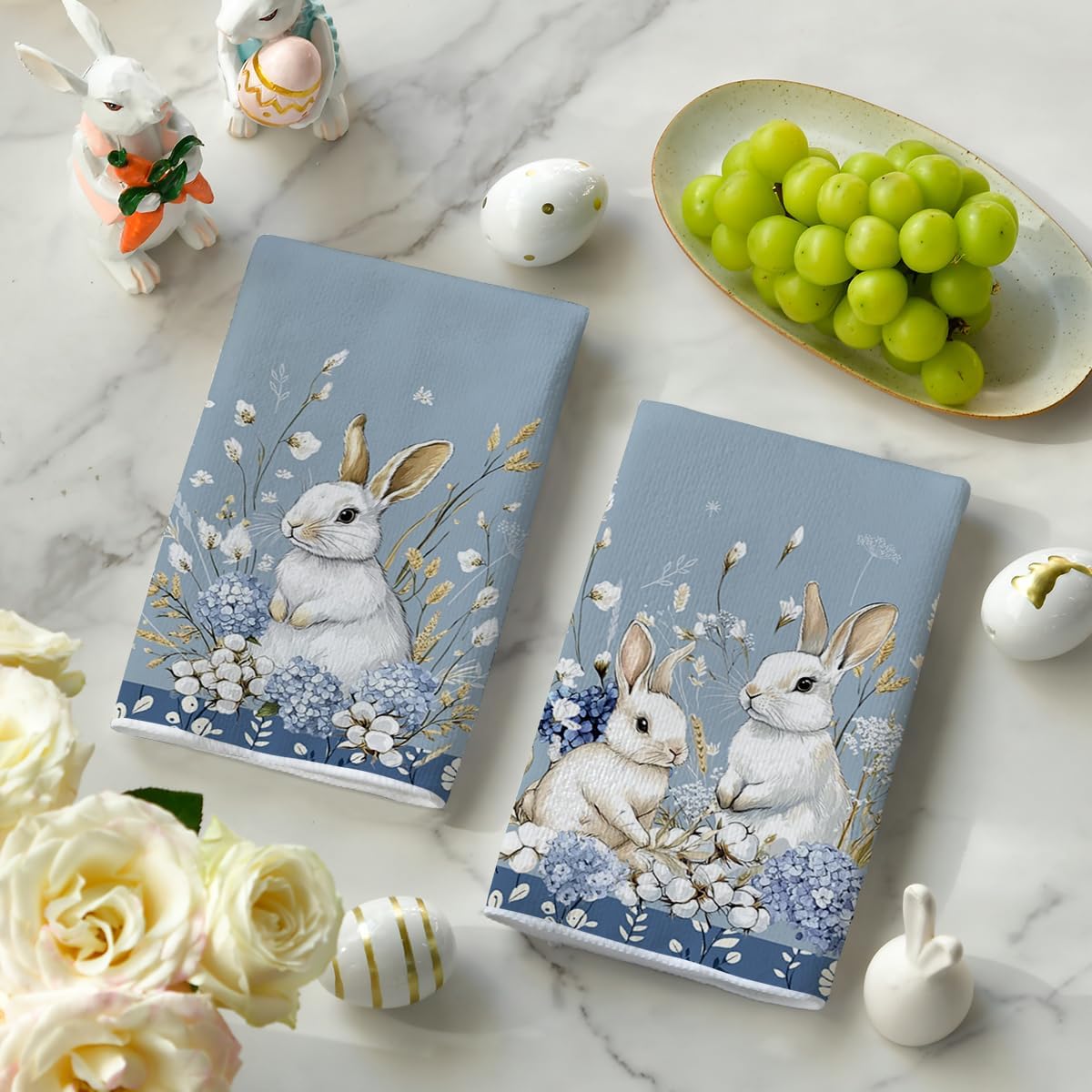 Bunny Hydrangea Easter Kitchen Towels Dish Towels, 18x26 Inch Spring Farmhouse Wild Flowers Decoration Hand Towels Set of 2