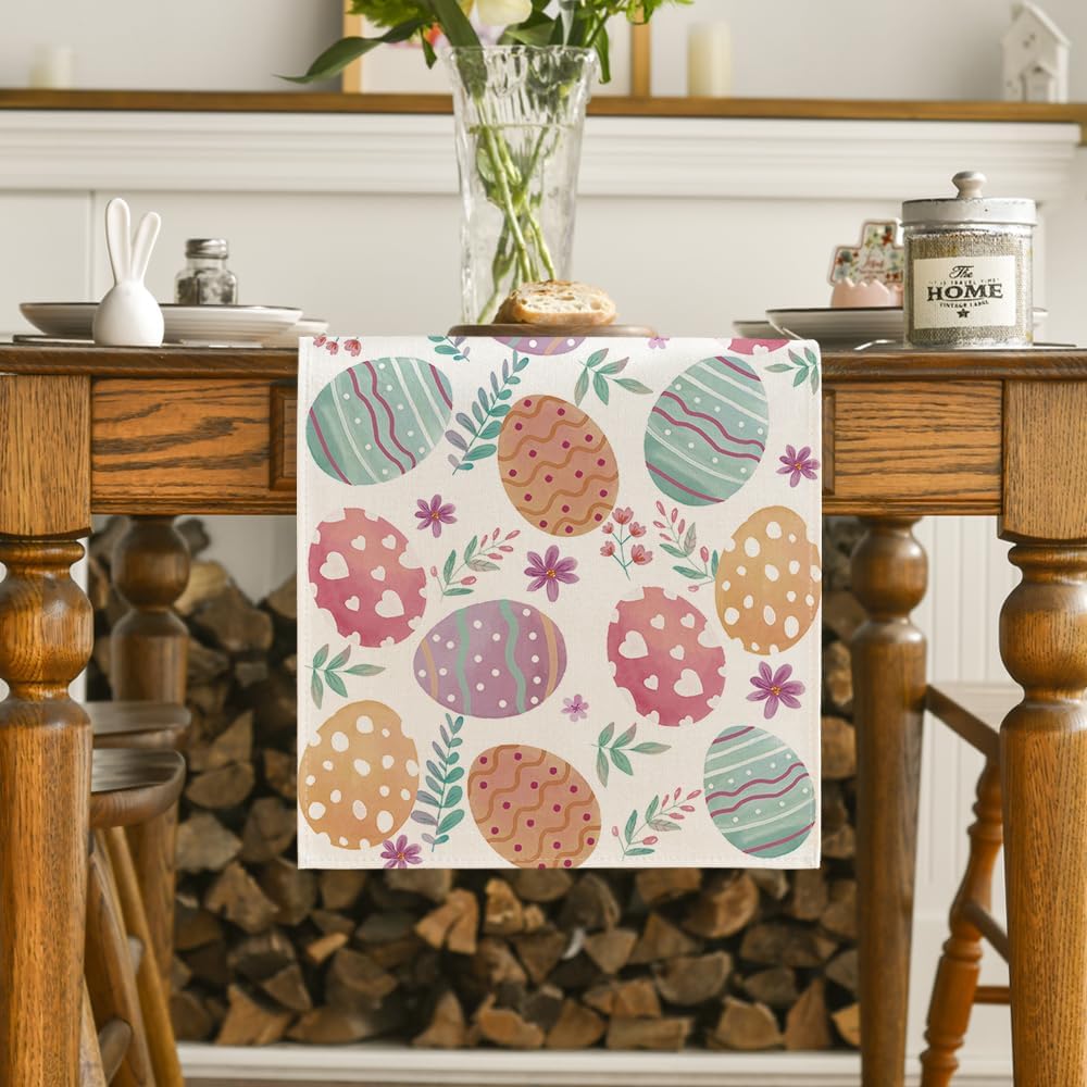 Watercolour Easter Eggs Table Runner, Seasonal Spring Kitchen Dining Table Decoration for Home Party Decor 13x72 Inch