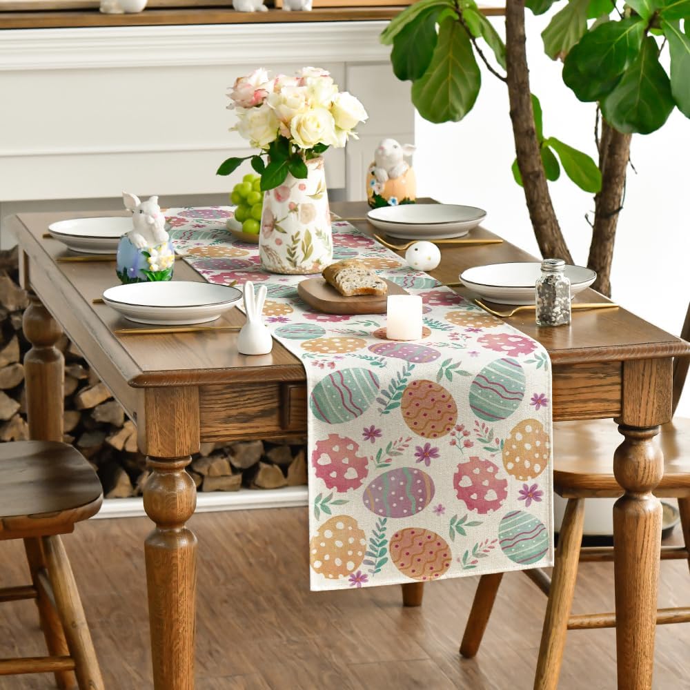 Watercolour Easter Eggs Table Runner, Seasonal Spring Kitchen Dining Table Decoration for Home Party Decor 13x72 Inch