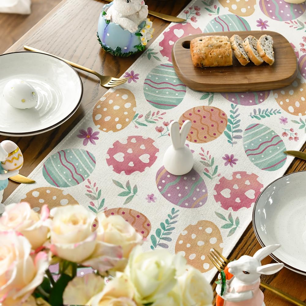 Watercolour Easter Eggs Table Runner, Seasonal Spring Kitchen Dining Table Decoration for Home Party Decor 13x72 Inch