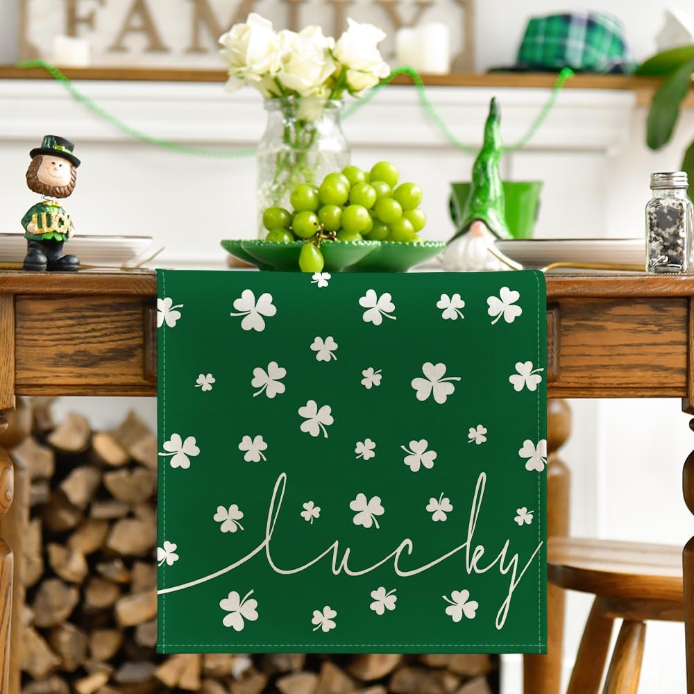 Green Lucky Shamrock St. Patrick's Day Table Runner, Seasonal Spring Holiday Kitchen Dining Table Decoration for Indoor Outdoor Home Party Decor 13 x 72 Inch