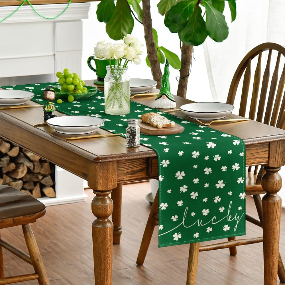 Green Lucky Shamrock St. Patrick's Day Table Runner, Seasonal Spring Holiday Kitchen Dining Table Decoration for Indoor Outdoor Home Party Decor 13 x 72 Inch