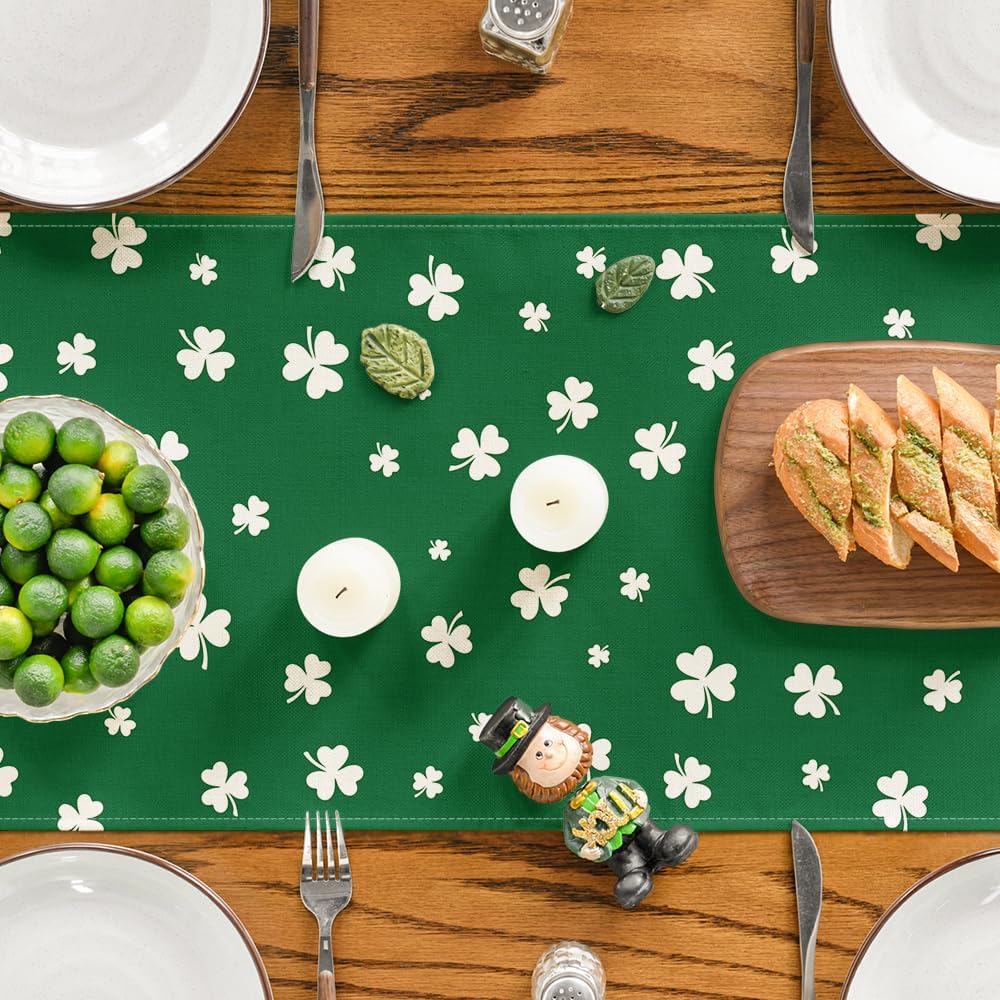 Green Lucky Shamrock St. Patrick's Day Table Runner, Seasonal Spring Holiday Kitchen Dining Table Decoration for Indoor Outdoor Home Party Decor 13 x 72 Inch