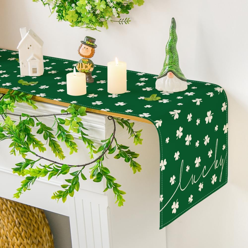 Green Lucky Shamrock St. Patrick's Day Table Runner, Seasonal Spring Holiday Kitchen Dining Table Decoration for Indoor Outdoor Home Party Decor 13 x 72 Inch