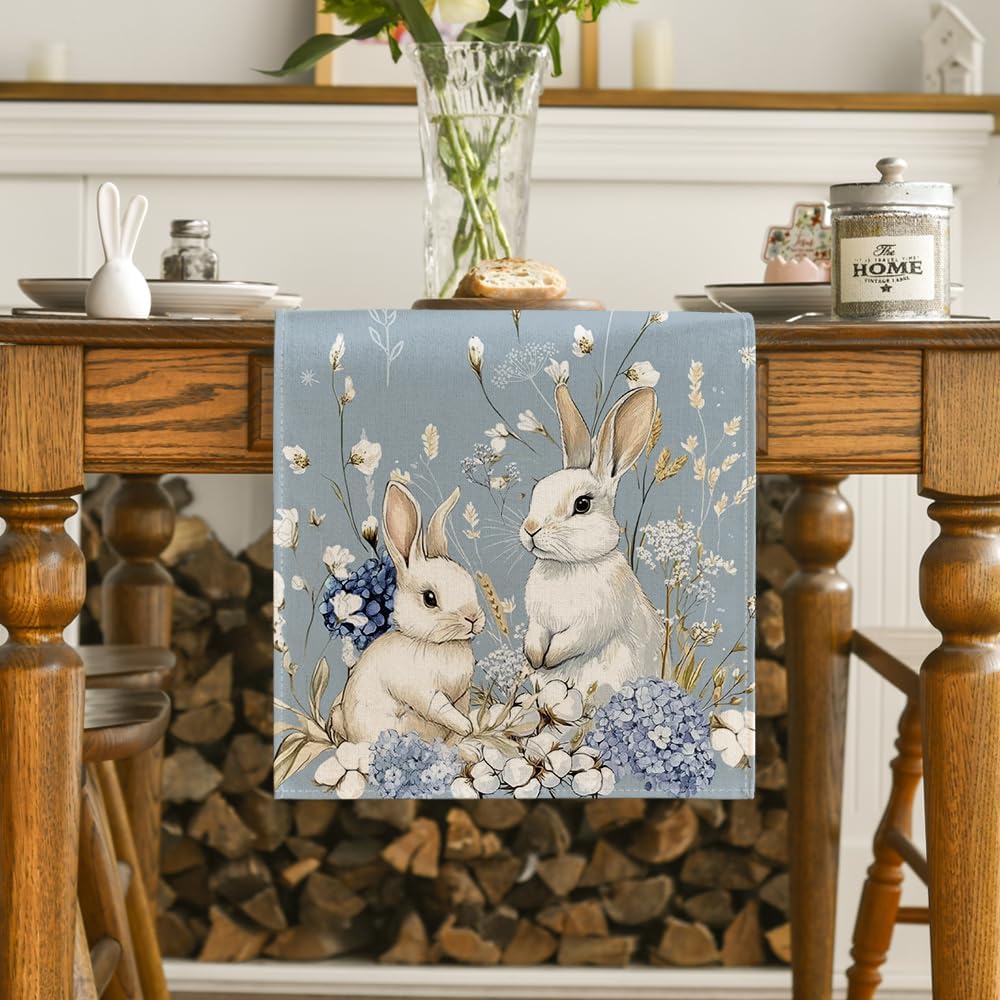 Bunny Rabbit Hydrangea Happy Easter Table Runner, Seasonal Spring Kitchen Dining Table Decoration for Home Party Decor 13x72 Inch