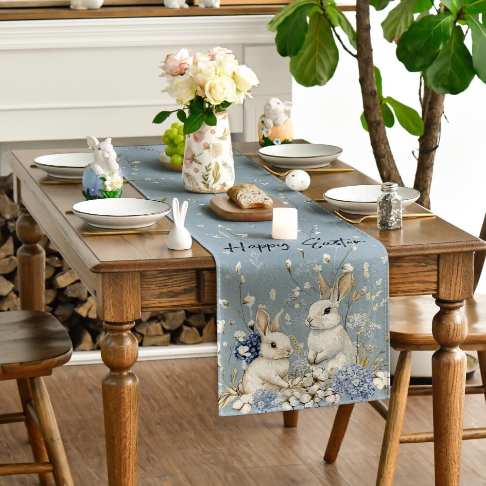 Bunny Rabbit Hydrangea Happy Easter Table Runner, Seasonal Spring Kitchen Dining Table Decoration for Home Party Decor 13x72 Inch