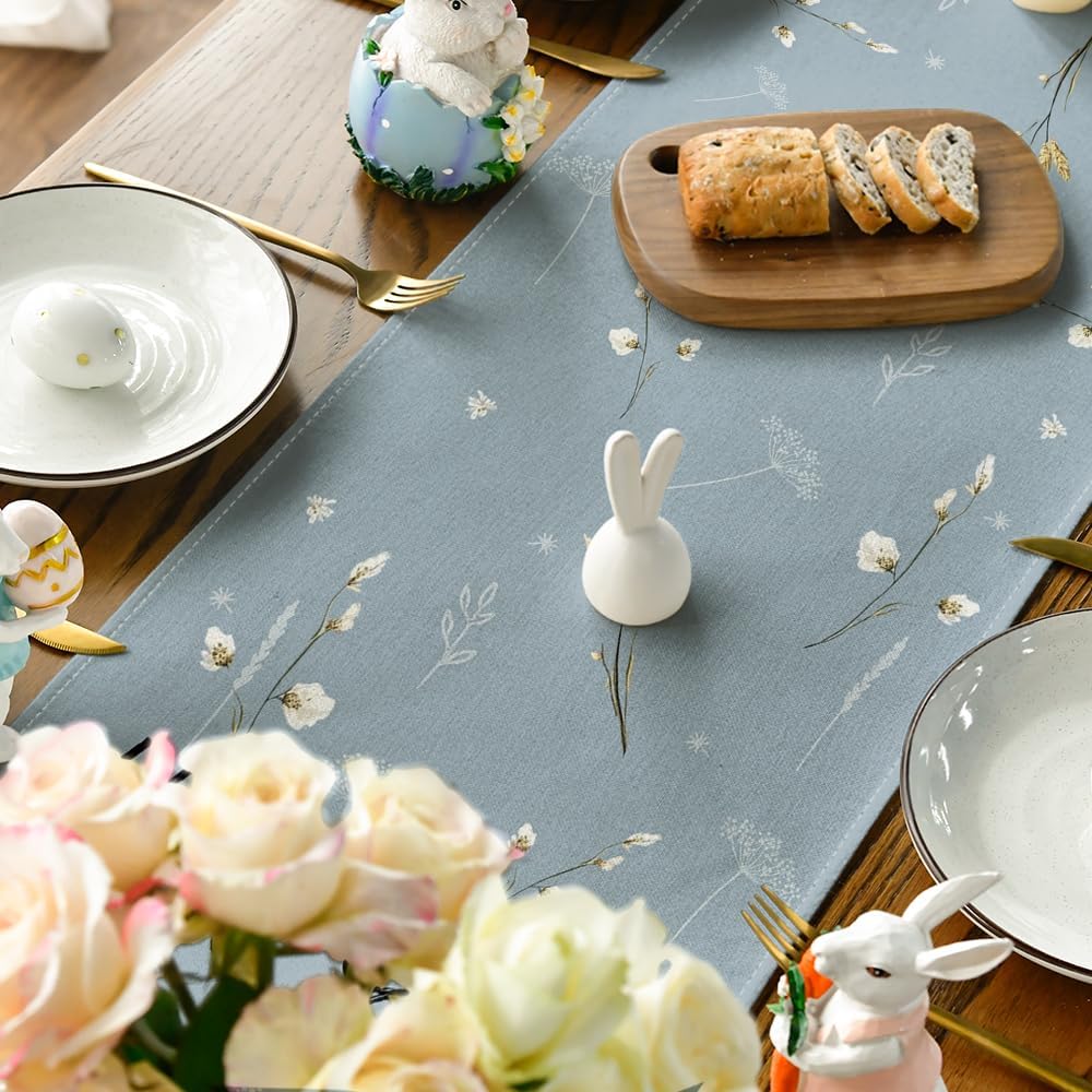 Bunny Rabbit Hydrangea Happy Easter Table Runner, Seasonal Spring Kitchen Dining Table Decoration for Home Party Decor 13x72 Inch