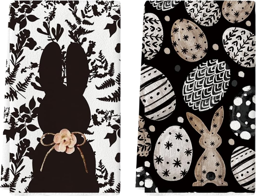 Black Bunny Eggs Flower Easter Kitchen Towels Dish Towels, 18x26 Inch Spring Farmhouse Leaves Decoration Hand Towels Set of 2