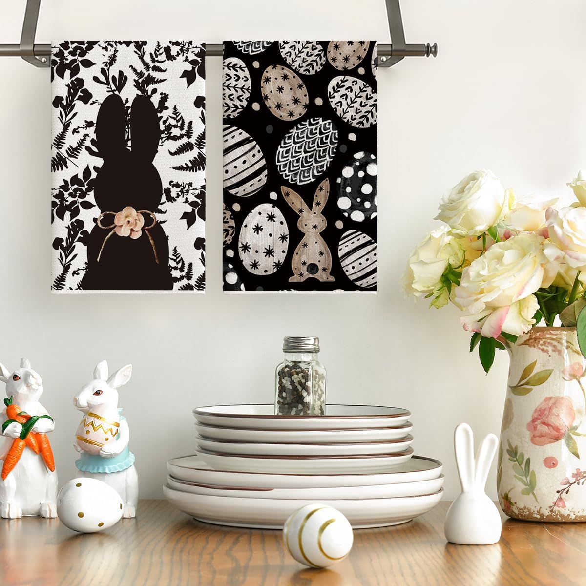 Black Bunny Eggs Flower Easter Kitchen Towels Dish Towels, 18x26 Inch Spring Farmhouse Leaves Decoration Hand Towels Set of 2