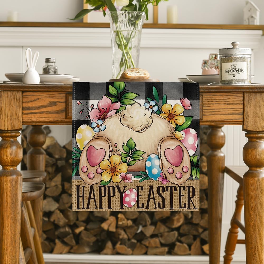 Buffalo Plaid Bunny Egg Flowers Happy Easter Table Runner, Seasonal Spring Kitchen Dining Table Decor for Home Party Decor 13x72 Inch