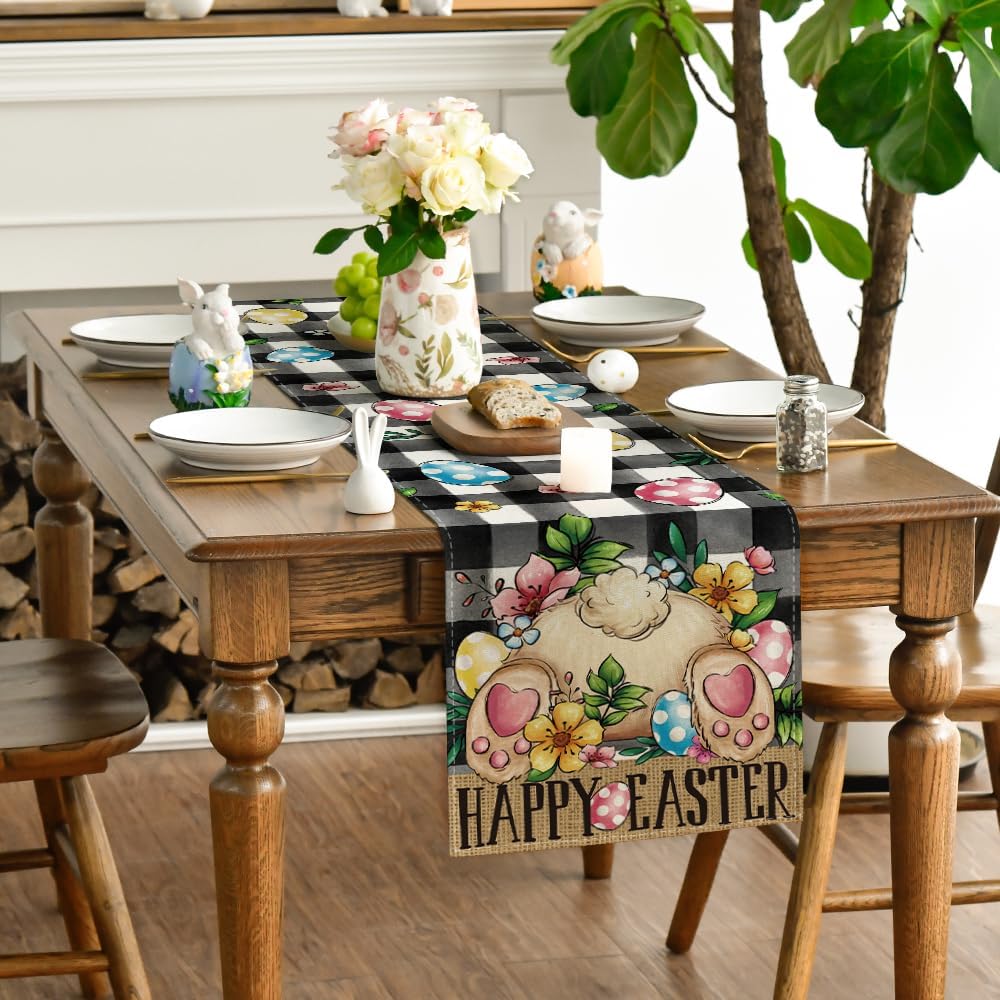 Buffalo Plaid Bunny Egg Flowers Happy Easter Table Runner, Seasonal Spring Kitchen Dining Table Decor for Home Party Decor 13x72 Inch