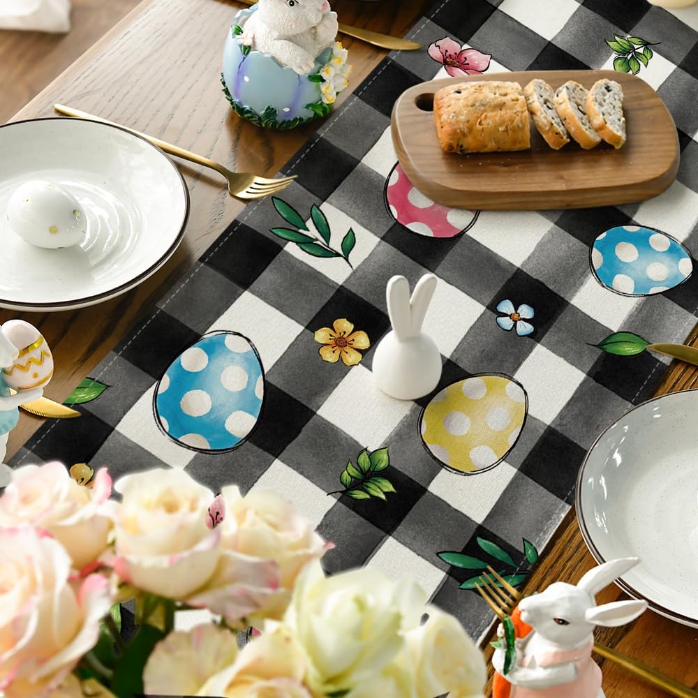 Buffalo Plaid Bunny Egg Flowers Happy Easter Table Runner, Seasonal Spring Kitchen Dining Table Decor for Home Party Decor 13x72 Inch