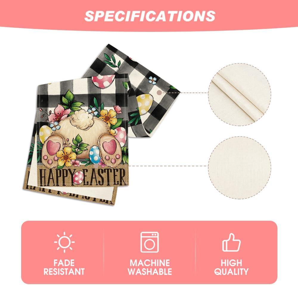 Buffalo Plaid Bunny Egg Flowers Happy Easter Table Runner, Seasonal Spring Kitchen Dining Table Decor for Home Party Decor 13x72 Inch