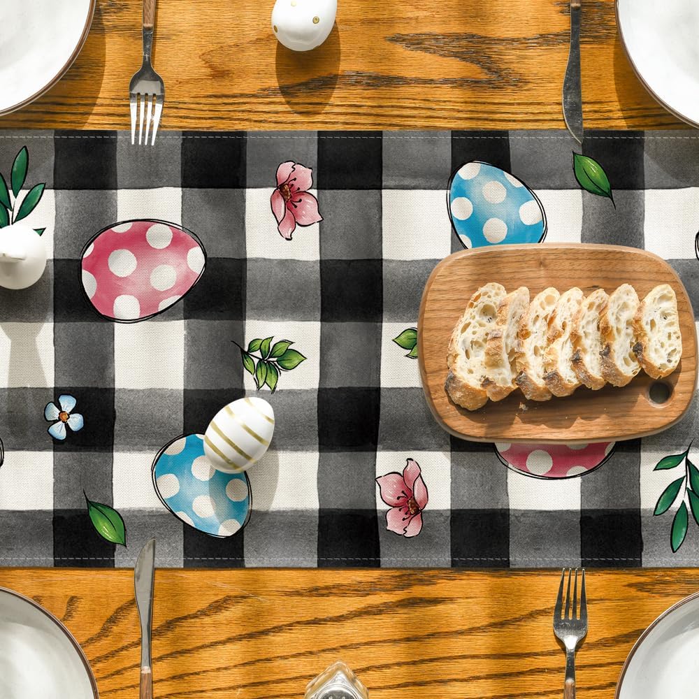 Buffalo Plaid Bunny Egg Flowers Happy Easter Table Runner, Seasonal Spring Kitchen Dining Table Decor for Home Party Decor 13x72 Inch
