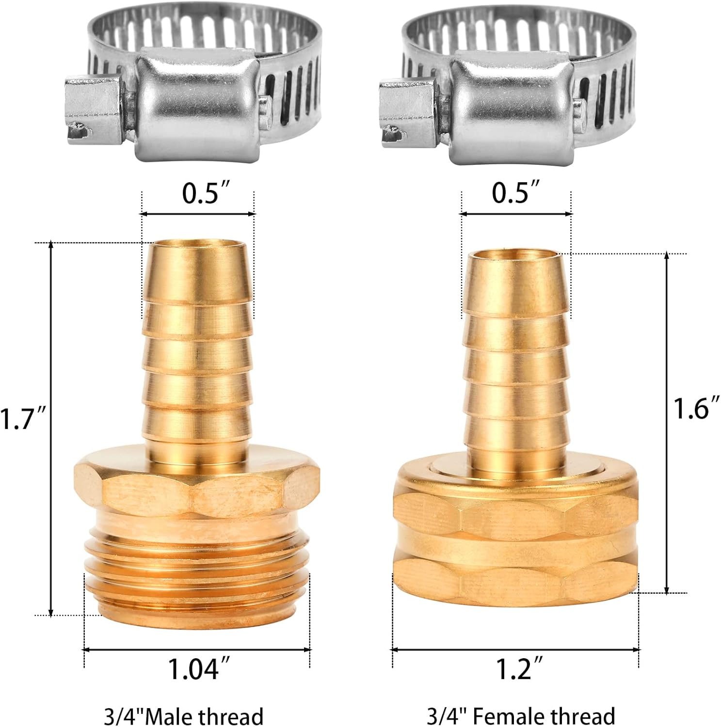 Brass Garden Hose Connector Repair Mender Kit with Stainless Clamp,Fits 1/2" Water Hose Fitting,3 Sets 1/2" Barb x 3/4" GHT