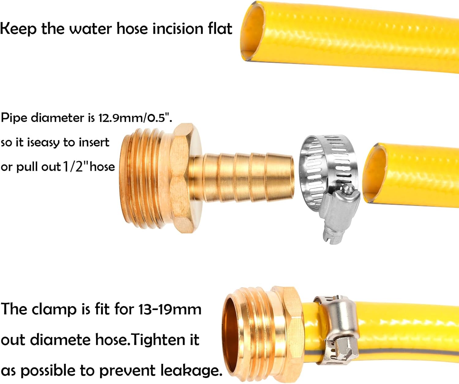 Brass Garden Hose Connector Repair Mender Kit with Stainless Clamp,Fits 1/2" Water Hose Fitting,3 Sets 1/2" Barb x 3/4" GHT