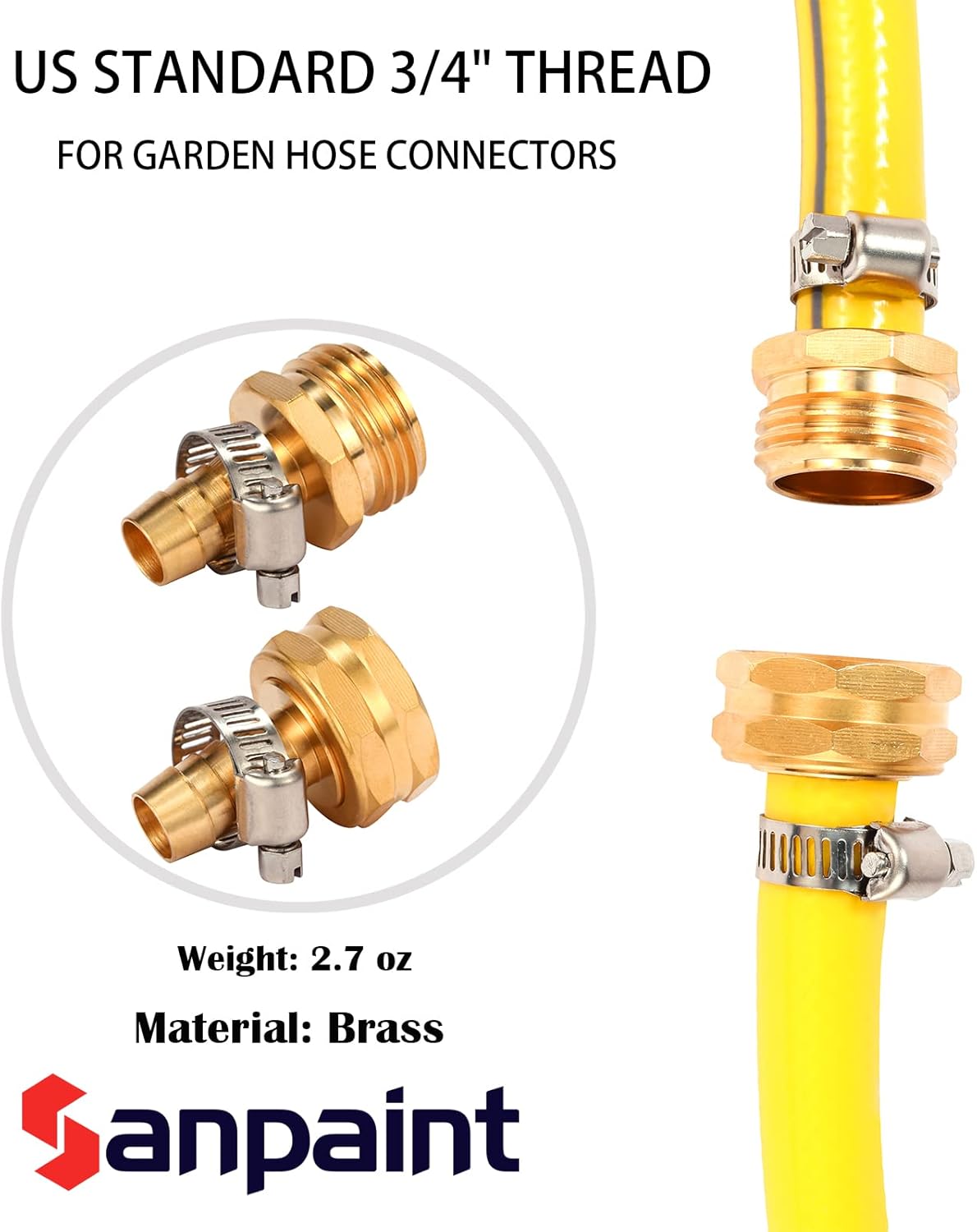 Brass Garden Hose Connector Repair Mender Kit with Stainless Clamp,Fits 1/2" Water Hose Fitting,3 Sets 1/2" Barb x 3/4" GHT