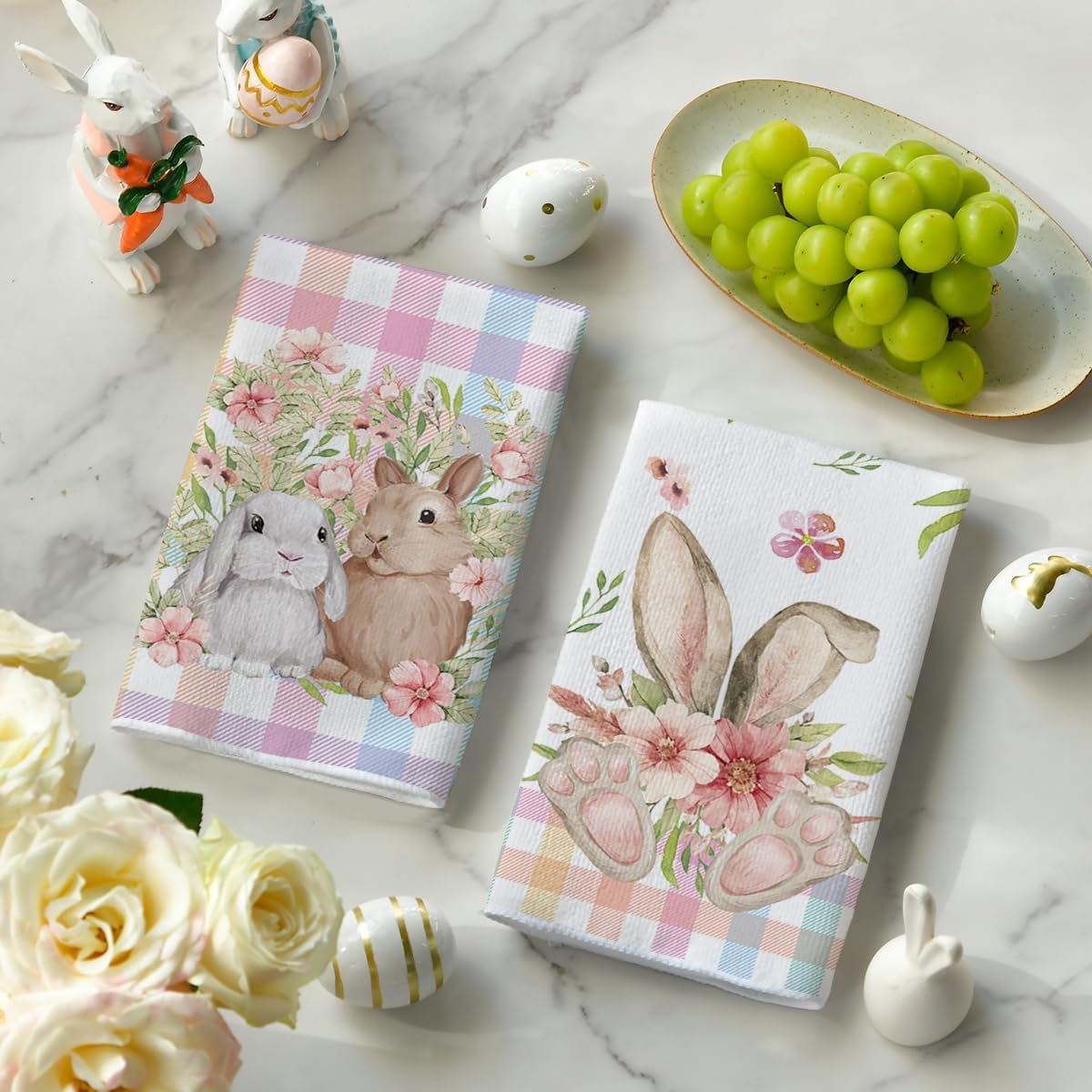 Colorful Buffalo Plaid Bunny Rabbit Flower Easter Kitchen Towels Dish Towels, 18x26 Inch Seasonal Decoration Hand Towels Set of 2