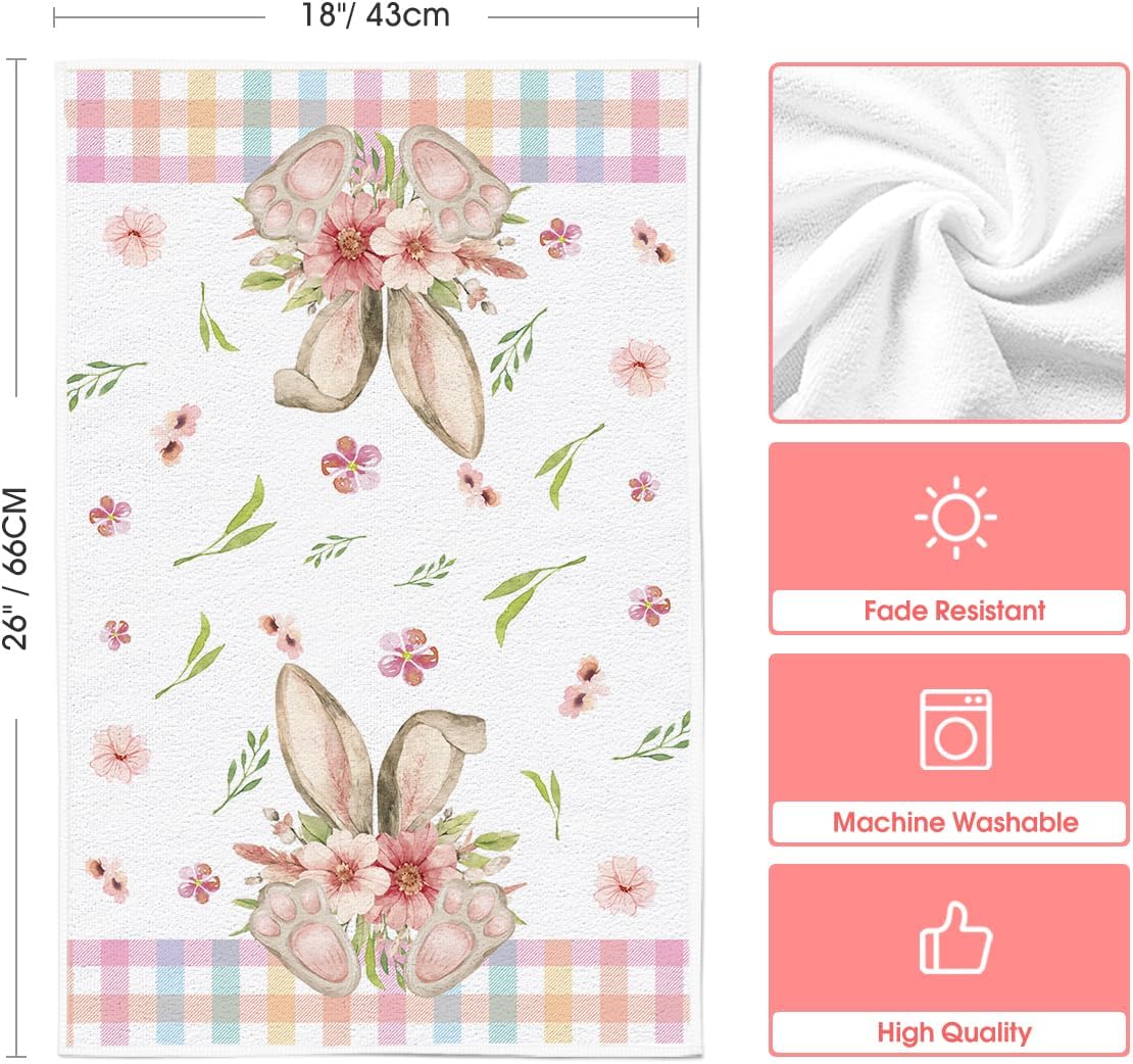 Colorful Buffalo Plaid Bunny Rabbit Flower Easter Kitchen Towels Dish Towels, 18x26 Inch Seasonal Decoration Hand Towels Set of 2