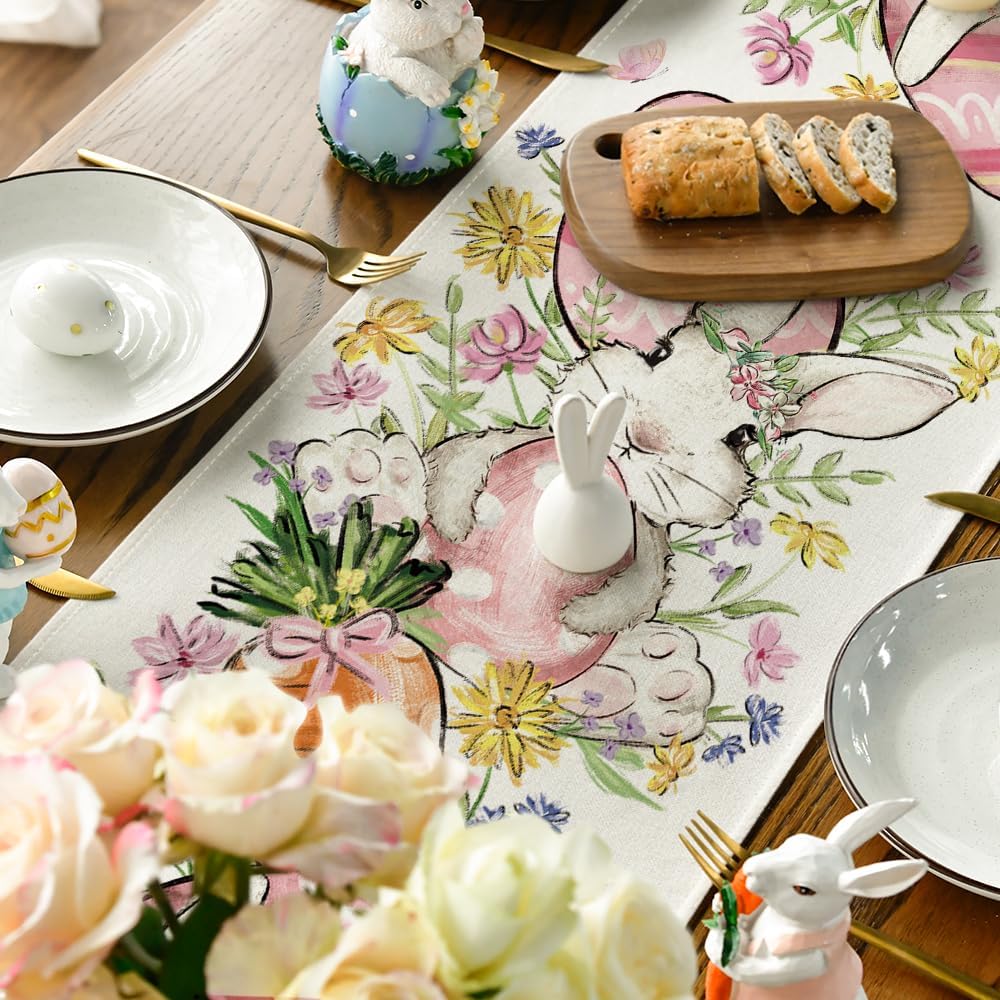 Bunny Rabbit Egg Flower Easter Table Runner, Seasonal Spring Kitchen Dining Table Decoration for Home Party Decor 13x72 Inch
