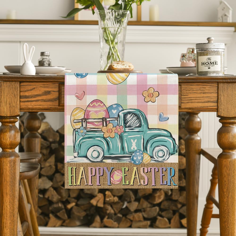 Pink Yellow Buffalo Plaid Carrot Egg Truck Daisy Happy Easter Table Runner, Seasonal Kitchen Dining Table Decoration for Indoor Home Party 13x72 Inch