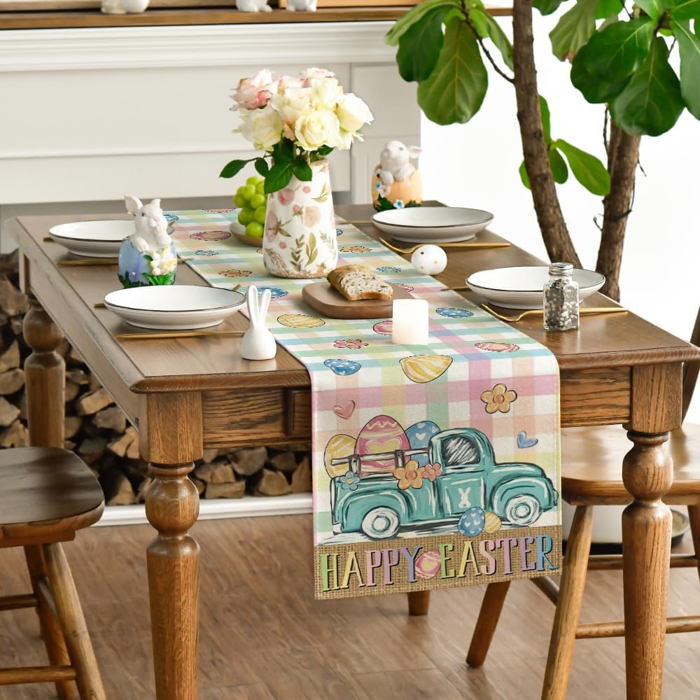 Pink Yellow Buffalo Plaid Carrot Egg Truck Daisy Happy Easter Table Runner, Seasonal Kitchen Dining Table Decoration for Indoor Home Party 13x72 Inch