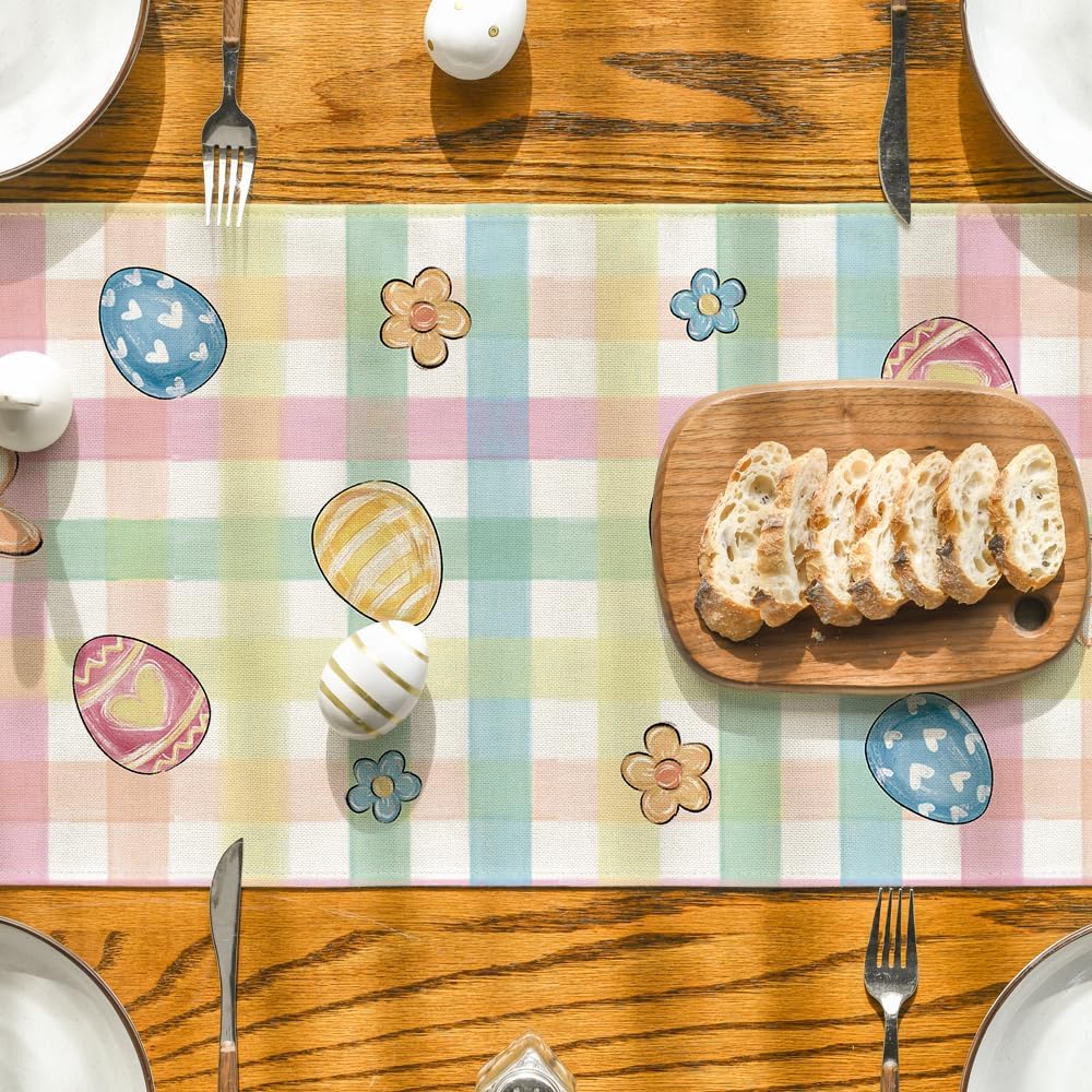 Pink Yellow Buffalo Plaid Carrot Egg Truck Daisy Happy Easter Table Runner, Seasonal Kitchen Dining Table Decoration for Indoor Home Party 13x72 Inch